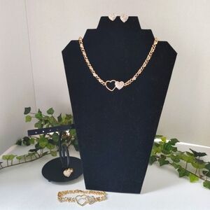 Heart Crystal Rhinestones Necklace Earrings Bracelet Ring Set Gold Filled